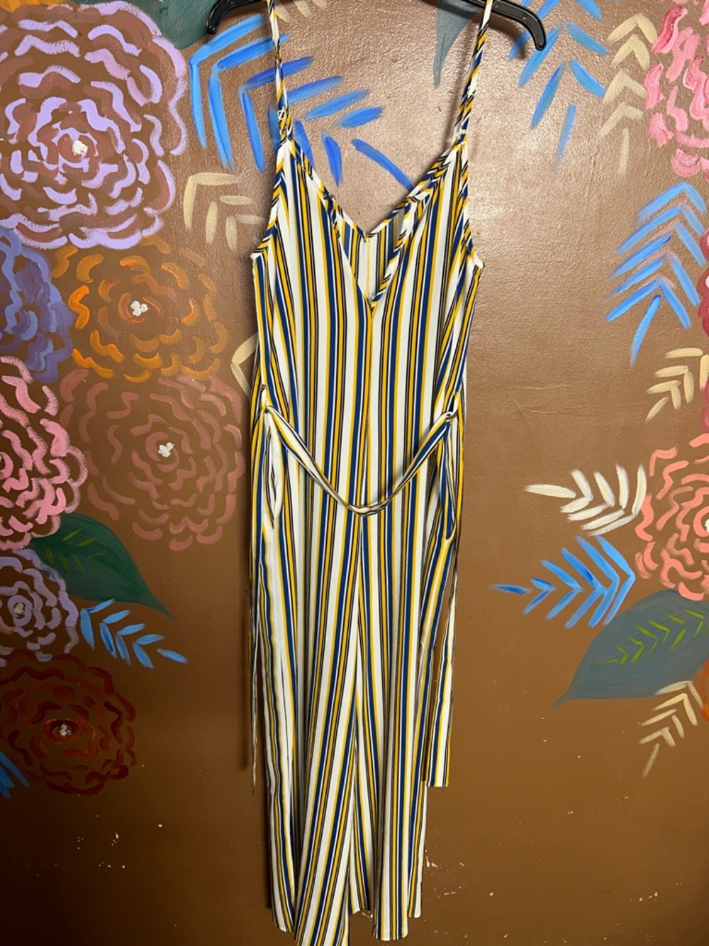 Striped V-Neck Spaghetti Strap Jumpsuit in Yellow & Navy